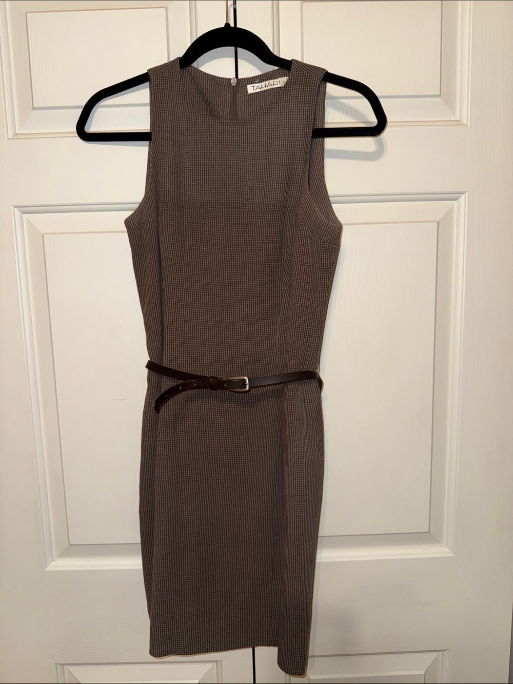 Vintage tahari sleeveless wool/tweed Sheath Dress with leather Belt